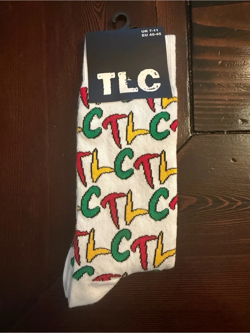 TLC White Logo Crew Socks with Red, Green & Yellow Accents